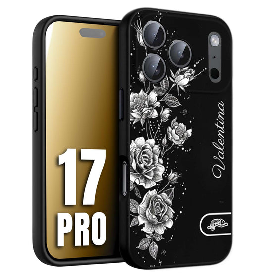 CUSTOMIZZA - Custodia cover nera morbida in tpu compatibile per iPhone 17 PRO personalizzata rilievo soft touch nome rose fiori donna