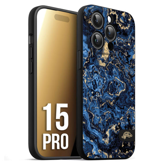 CUSTOMIZZA - Custodia cover nera morbida in tpu compatibile per iPhone 15 PRO effetto marmo marble blu venature dorato psichedelico