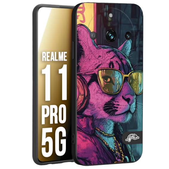 CUSTOMIZZA - Custodia cover nera morbida in tpu compatibile per Realme 11 PRO 5G animali cyberpunk pantera street cat fucsia blu giallo