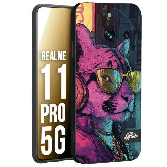 CUSTOMIZZA - Custodia cover nera morbida in tpu compatibile per Realme 11 PRO 5G animali cyberpunk pantera street cat fucsia blu giallo