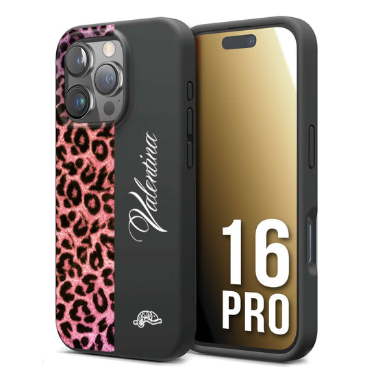 CUSTOMIZZA - Custodia cover nera morbida in tpu compatibile per iPhone 16 PRO leopardato rosa fucsia personalizzata nome iniziali