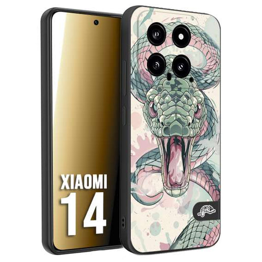 CUSTOMIZZA - Custodia cover nera morbida in tpu compatibile per Xiaomi 14 snake pink green serpente tatuaggio tattoo disegnato a mano