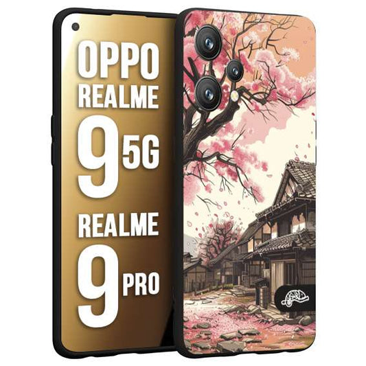 CUSTOMIZZA - Custodia cover nera morbida in tpu compatibile per Realme 9 5G - 9 PRO casa giapponese rosa ciliegio in fiore disegnata tattoo