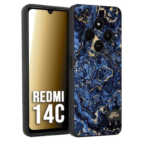 CUSTOMIZZA - Custodia cover nera morbida in tpu compatibile per Xiaomi Redmi 14C effetto marmo marble blu venature dorato psichedelico