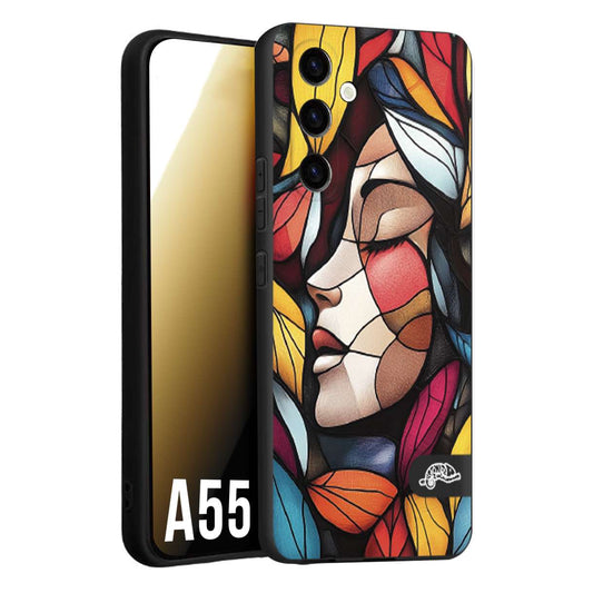 CUSTOMIZZA - Custodia cover nera morbida in tpu compatibile per Samsung A55 5G Vetrata artistica volto di donna profilo fogliare mosaico di vetro colorato
