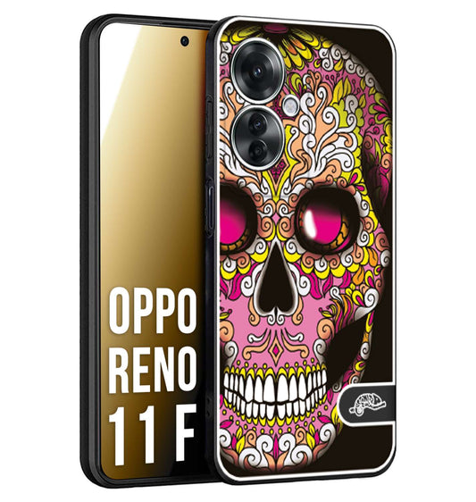 CUSTOMIZZA - Custodia cover nera morbida in tpu compatibile per Oppo Reno 11 F 5G teschio messicano Mexican skull rosa gialla