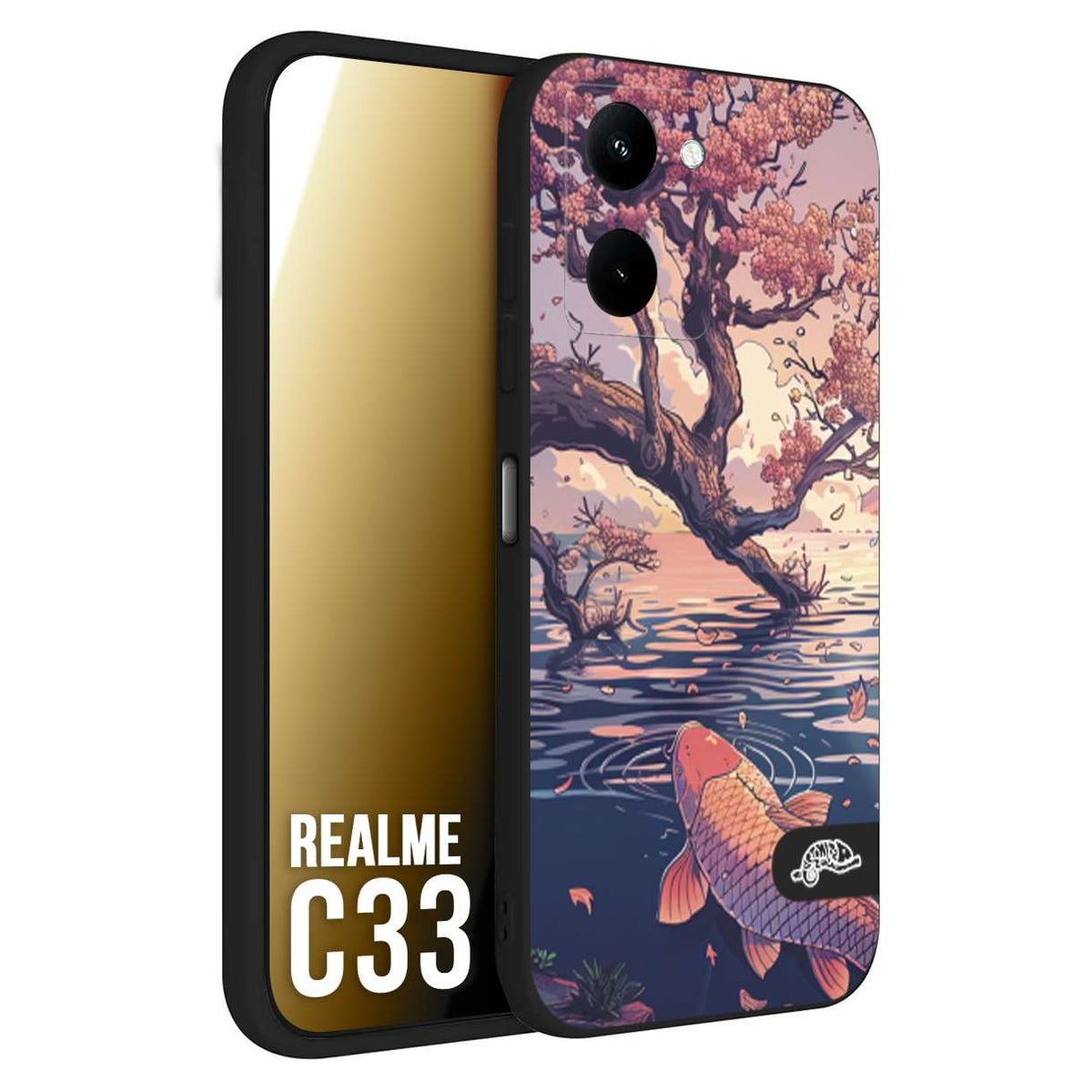 CUSTOMIZZA - Custodia cover nera morbida in tpu compatibile per Realme C33 giapponese lago carpa koi rosa con foglie d'acero disegnata tattoo