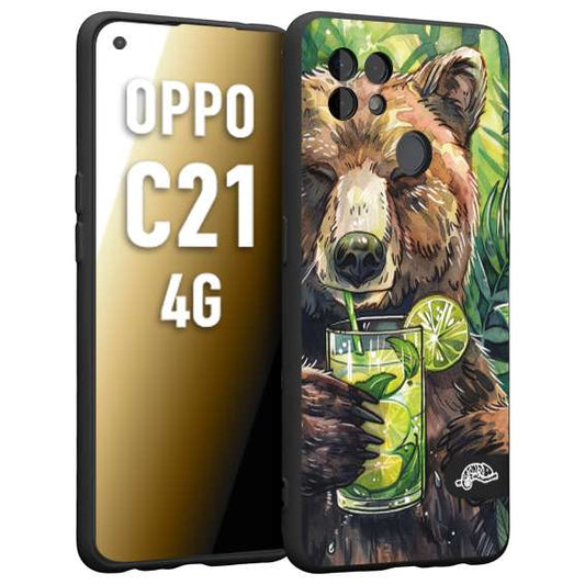 CUSTOMIZZA - Custodia cover nera morbida in tpu compatibile per Oppo Realme C21 4G estate disegnata cocktails animali simpatici orso bear negroni