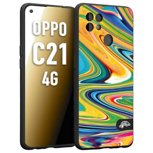 CUSTOMIZZA - Custodia cover nera morbida in tpu compatibile per Oppo Realme C21 4G colorata fantasia vortice marmo arcobaleno gialla verde blu