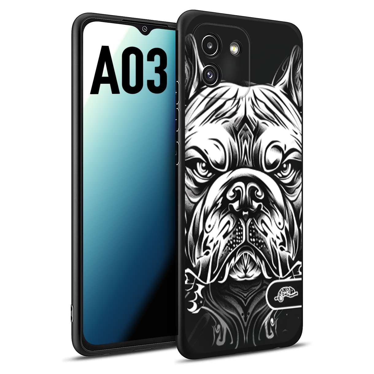 CUSTOMIZZA - Custodia cover nera morbida in tpu compatibile per Samsung A03 bulldog bianco a rilievo disegnato tattoo tatuaggio