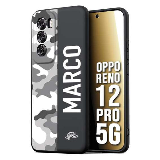CUSTOMIZZA - Custodia cover nera morbida in tpu compatibile per Oppo Reno 12 PRO 5G camouflage mimetico militare personalizzata nome bianco