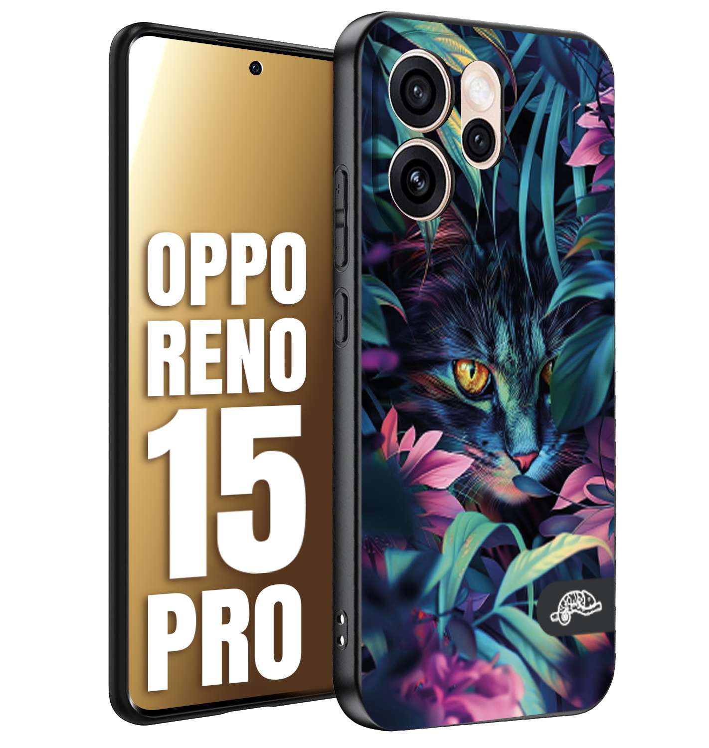 CUSTOMIZZA - Custodia cover nera morbida in tpu compatibile per Oppo Reno 15 PRO animali color giungla tropicale occhio di gatto colori vibranti disegnato