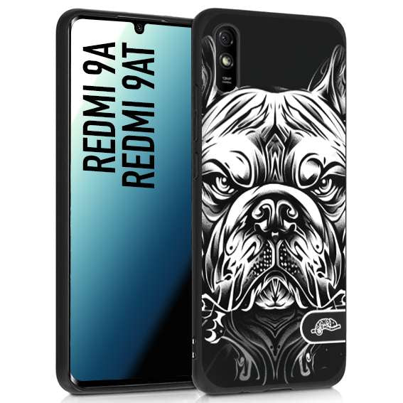 CUSTOMIZZA - Custodia cover nera morbida in tpu compatibile per Xiaomi Redmi 9A - 9AT bulldog bianco a rilievo disegnato tattoo tatuaggio