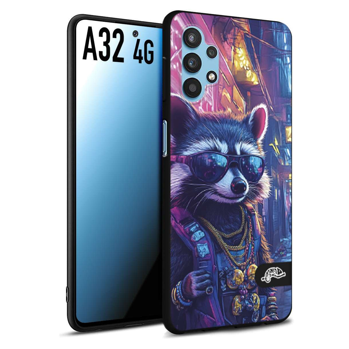CUSTOMIZZA - Custodia cover nera morbida in tpu compatibile per Samsung A32 4G animali simpatici cyberpunk procione racoon street cat fucsia blu giallo