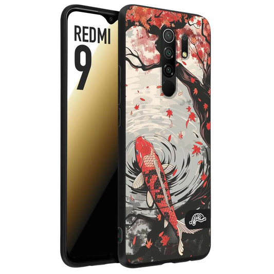 CUSTOMIZZA - Custodia cover nera morbida in tpu compatibile per Xiaomi Redmi 9 giapponese lago carpa koi rossa con foglie d'acero rosso disegnata tattoo