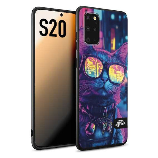 CUSTOMIZZA - Custodia cover nera morbida in tpu compatibile per Samsung S20 animali cyberpunk gatto street cat fucsia blu giallo