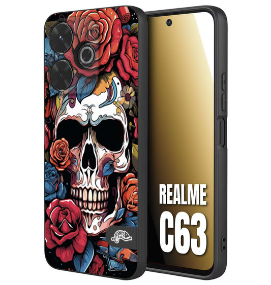 CUSTOMIZZA - Custodia cover nera morbida in tpu compatibile per Realme C63 teschio skull flowers fiori rose rosse tattoo disegnato