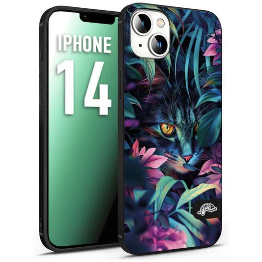 CUSTOMIZZA - Custodia cover nera morbida in tpu compatibile per iPhone 14 animali color giungla tropicale occhio di gatto colori vibranti disegnato