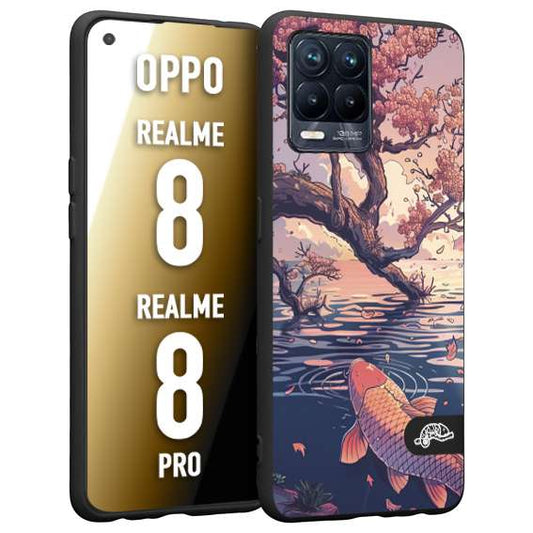 CUSTOMIZZA - Custodia cover nera morbida in tpu compatibile per Realme 8 - 8 PRO giapponese lago carpa koi rosa con foglie d'acero disegnata tattoo