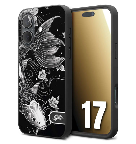 CUSTOMIZZA - Custodia cover nera morbida in tpu compatibile per iPhone 17 carpa koi black and white bianco a rilievo disegnato tattoo tatuaggio