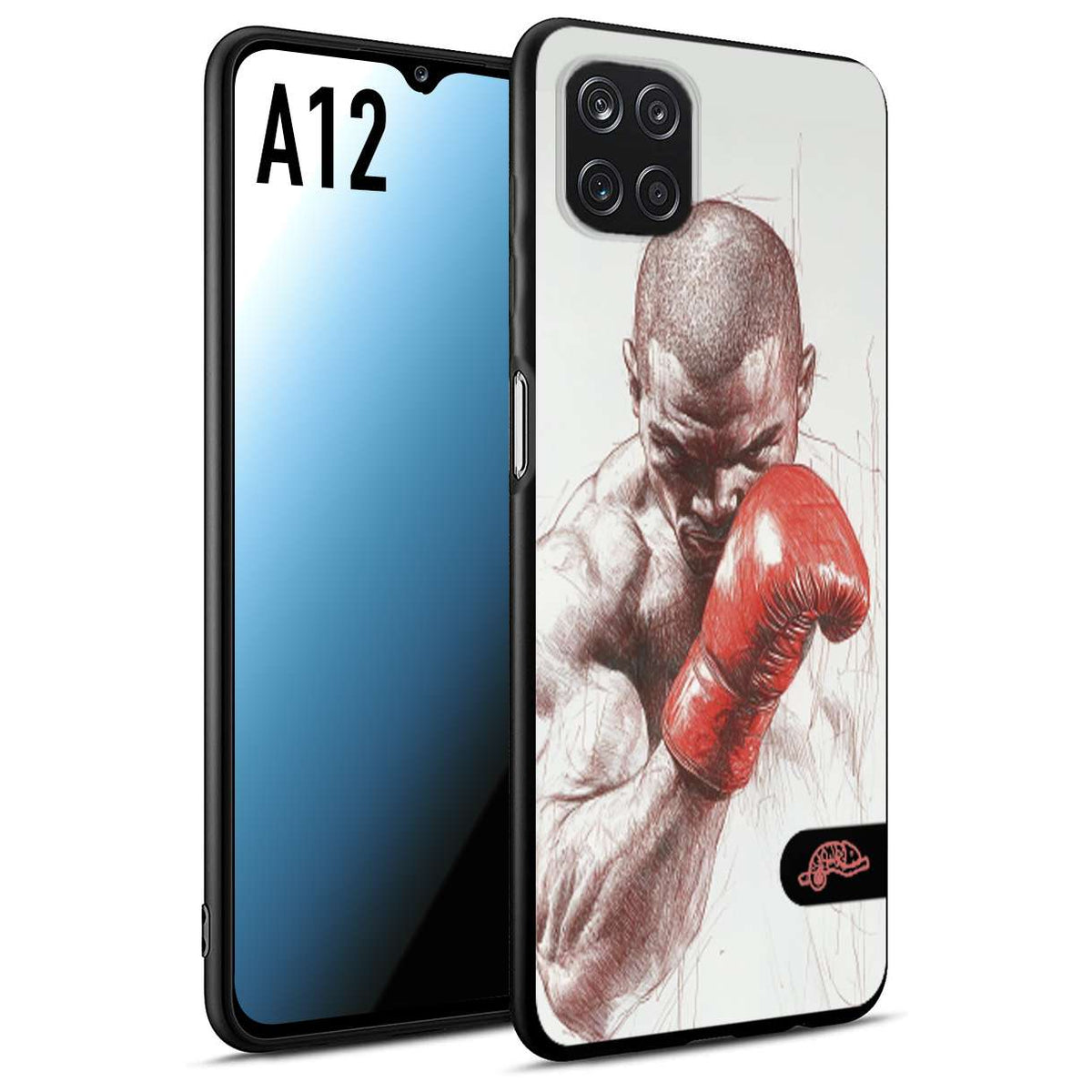 CUSTOMIZZA - Custodia cover nera morbida in tpu compatibile per Samsung A12 pugilato pugili disegno tattoo guantoni box sport primo piano