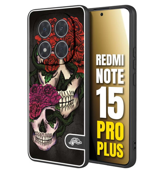 CUSTOMIZZA - Custodia cover nera morbida in tpu compatibile per Xiaomi Redmi Note 15 PRO PLUS teschi e rose rosse fucsia skull and roses