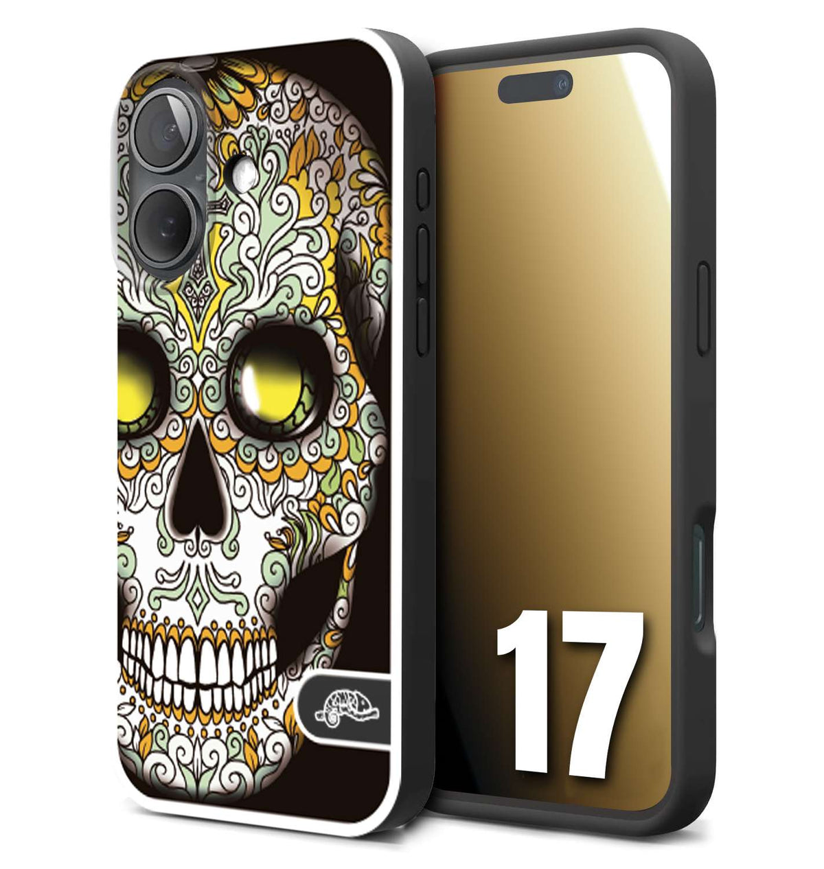 CUSTOMIZZA - Custodia cover nera morbida in tpu compatibile per iPhone 17 teschio messicano Mexican skull bianco verde giallo