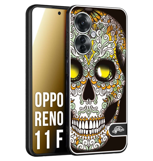 CUSTOMIZZA - Custodia cover nera morbida in tpu compatibile per Oppo Reno 11 F 5G teschio messicano Mexican skull bianco verde giallo