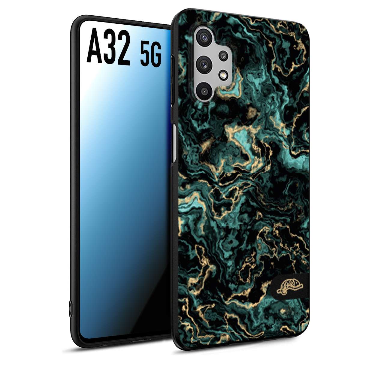 CUSTOMIZZA - Custodia cover nera morbida in tpu compatibile per Samsung A32 5G effetto marmo marble verde green venature dorato pietra