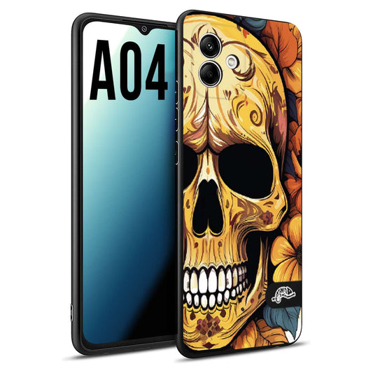 CUSTOMIZZA - Custodia cover nera morbida in tpu compatibile per Samsung A04 teschio messicano colorato dorato fiori autunnali disegnato