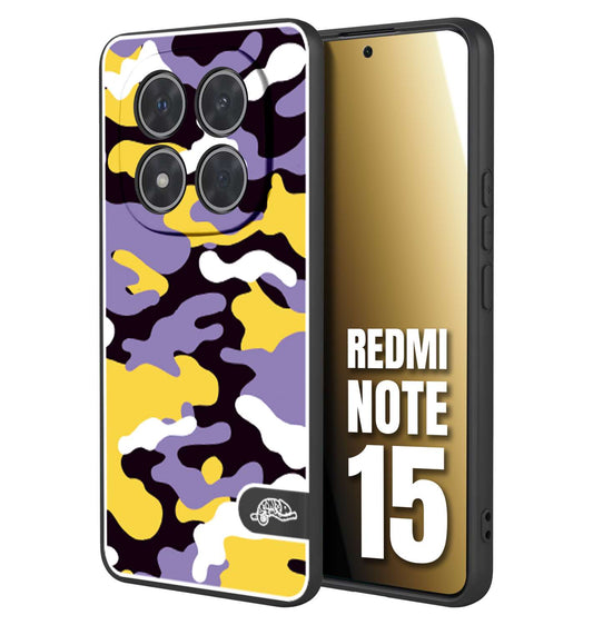 CUSTOMIZZA - Custodia cover nera morbida in tpu compatibile per Xiaomi Redmi Note 15 camouflage mimetico militare viola lilla giallo