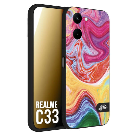 CUSTOMIZZA - Custodia cover nera morbida in tpu compatibile per Realme C33 colorata fantasia vortice marmo onde verde fucsia gialla
