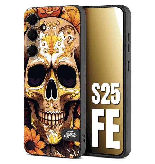 CUSTOMIZZA - Custodia cover nera morbida in tpu compatibile per Samsung S25 FE teschio messicano colorato dorato fiori tattoo disegnato