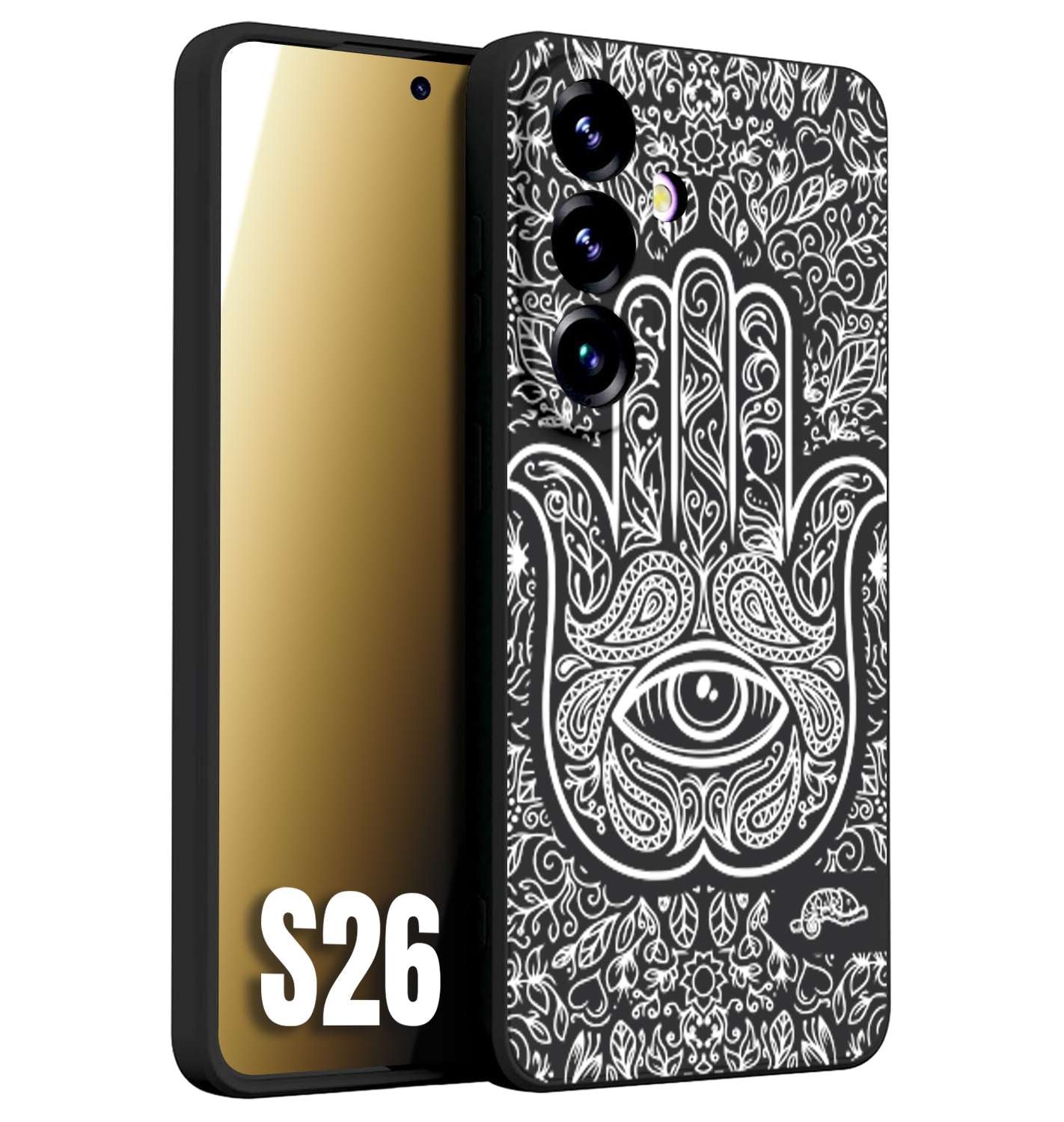 CUSTOMIZZA - Custodia cover nera morbida in tpu compatibile per Samsung S26 mano di fatima effetto rilievo mandala donna