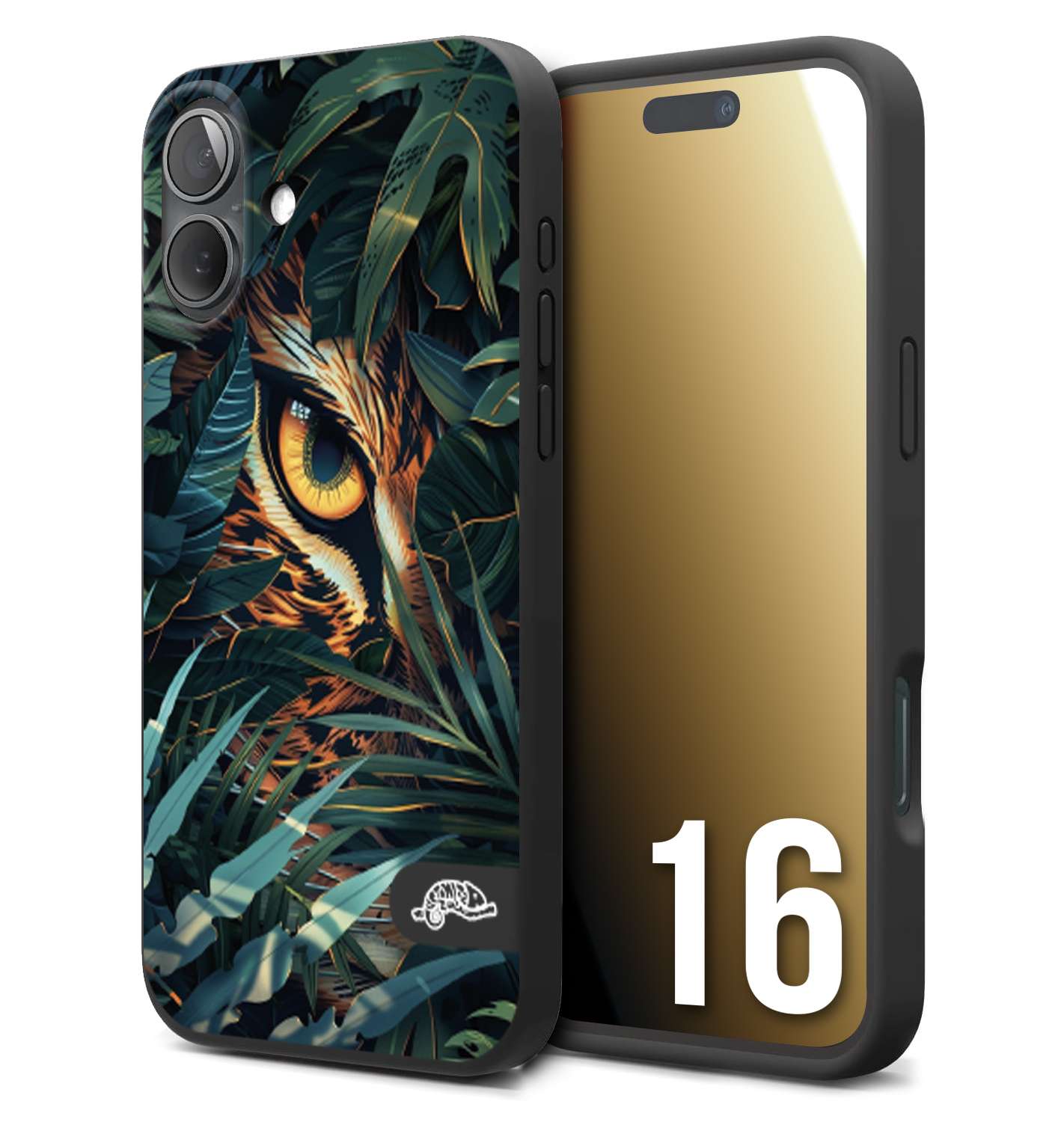 CUSTOMIZZA - Custodia cover nera morbida in tpu compatibile per iPhone 16 animali color giungla tropicale occhio di giaguaro felino disegnato