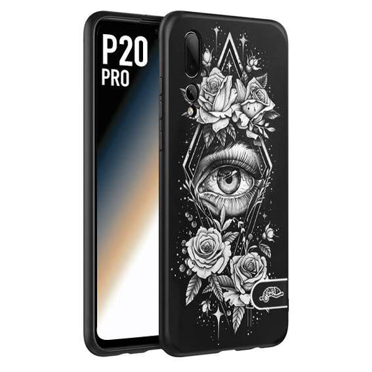 CUSTOMIZZA - Custodia cover nera morbida in tpu compatibile per Huawei P20 PRO occhio fiori rombo geometrico black and white bianco a rilievo disegnato tattoo tatuaggio