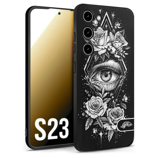 CUSTOMIZZA - Custodia cover nera morbida in tpu compatibile per Samsung S23 occhio fiori rombo geometrico black and white bianco a rilievo disegnato tattoo tatuaggio