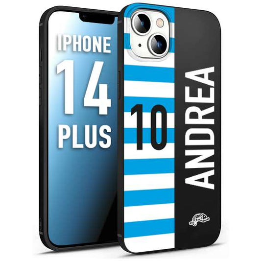 CUSTOMIZZA - Custodia cover nera morbida in tpu compatibile per iPhone 14 PLUS personalizzata calcio football nome e numero calciatori biancazzurri