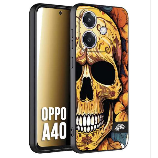 CUSTOMIZZA - Custodia cover nera morbida in tpu compatibile per Oppo A40 teschio messicano colorato dorato fiori autunnali disegnato
