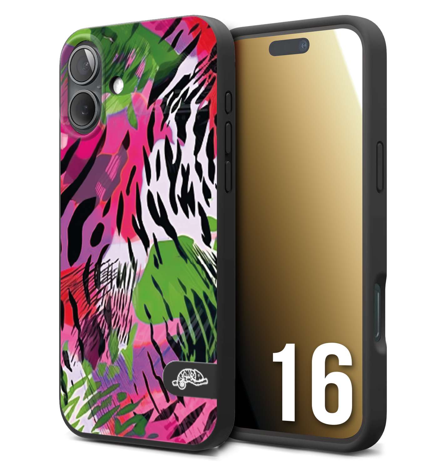 CUSTOMIZZA - Custodia cover nera morbida in tpu compatibile per iPhone 16 leopardato tigrato tiger colorata summer color verde fucsia