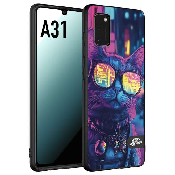 CUSTOMIZZA - Custodia cover nera morbida in tpu compatibile per Samsung A31 animali cyberpunk gatto street cat fucsia blu giallo