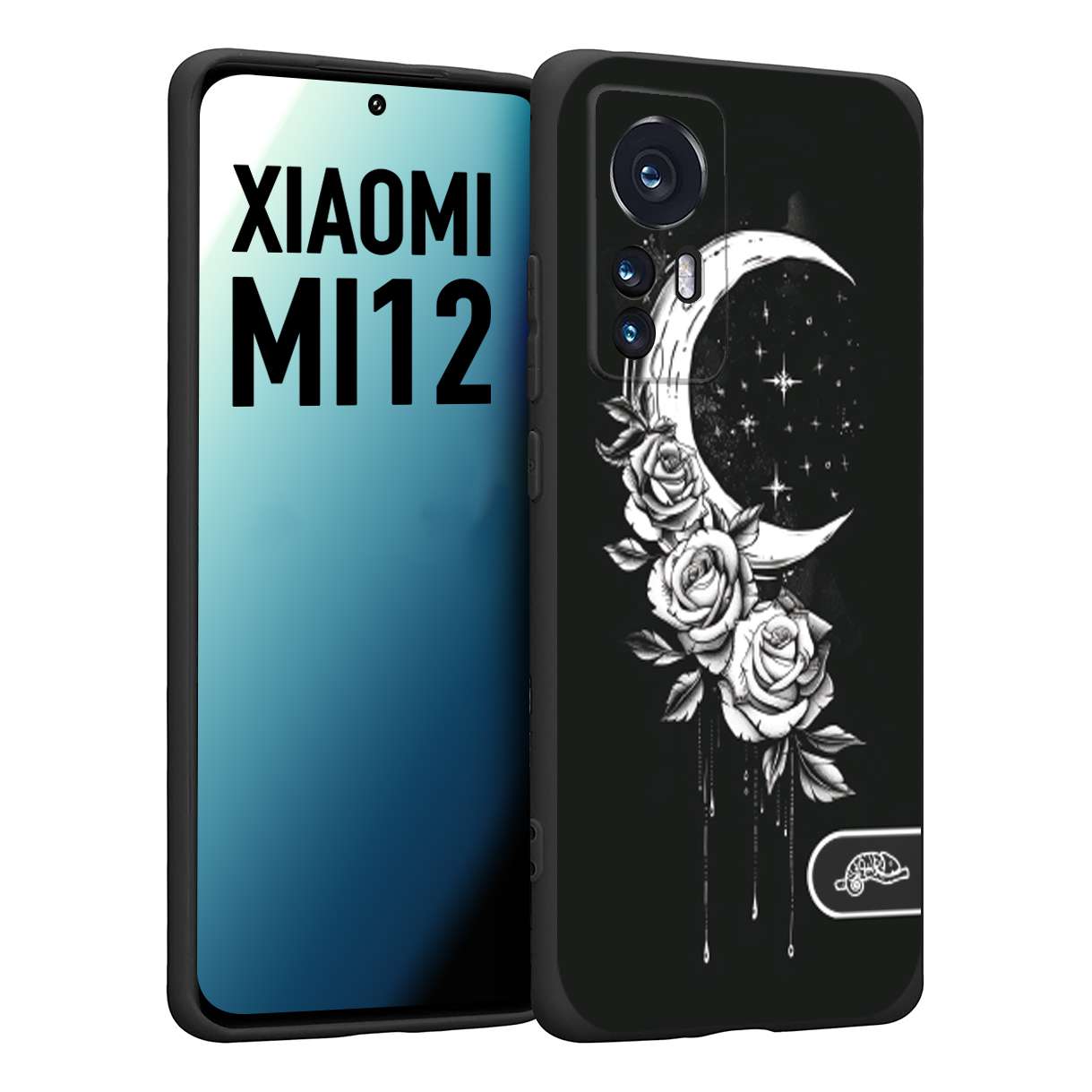 CUSTOMIZZA - Custodia cover nera morbida in tpu compatibile per Xiaomi 12 5G luna e fiori moon flowers black and white bianco a rilievo disegnato tattoo tatuaggio