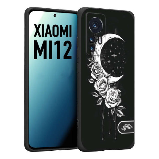 CUSTOMIZZA - Custodia cover nera morbida in tpu compatibile per Xiaomi 12 5G luna e fiori moon flowers black and white bianco a rilievo disegnato tattoo tatuaggio