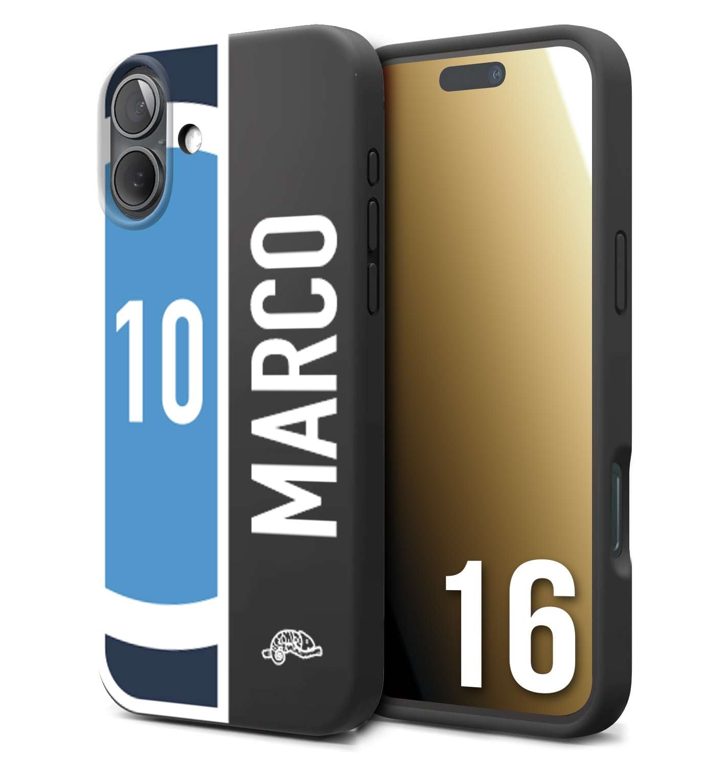 CUSTOMIZZA - Custodia cover nera morbida in tpu compatibile per iPhone 16 personalizzata calcio football nome e numero calciatori biancoazzurri bianco celesti