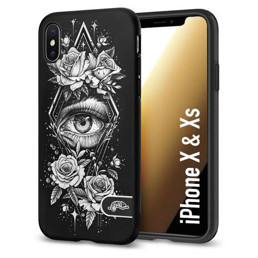 CUSTOMIZZA - Custodia cover nera morbida in tpu compatibile per iPhone X - Xs occhio fiori rombo geometrico black and white bianco a rilievo disegnato tattoo tatuaggio