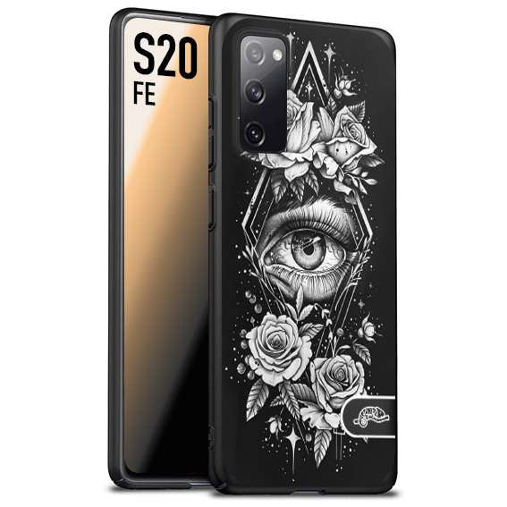 CUSTOMIZZA - Custodia cover nera morbida in tpu compatibile per Samsung S20 FE occhio fiori rombo geometrico black and white bianco a rilievo disegnato tattoo tatuaggio