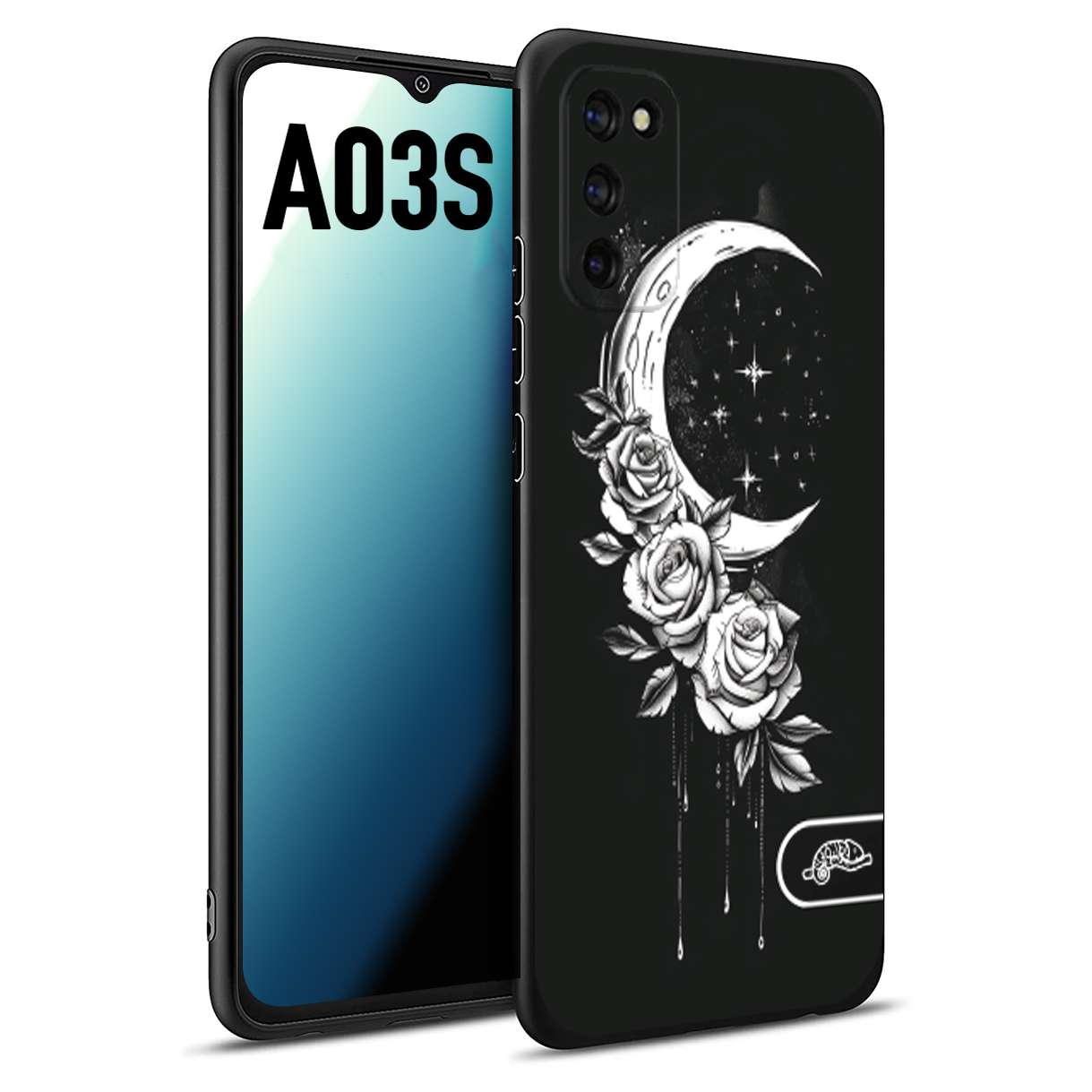 CUSTOMIZZA - Custodia cover nera morbida in tpu compatibile per Samsung A03S luna e fiori moon flowers black and white bianco a rilievo disegnato tattoo tatuaggio