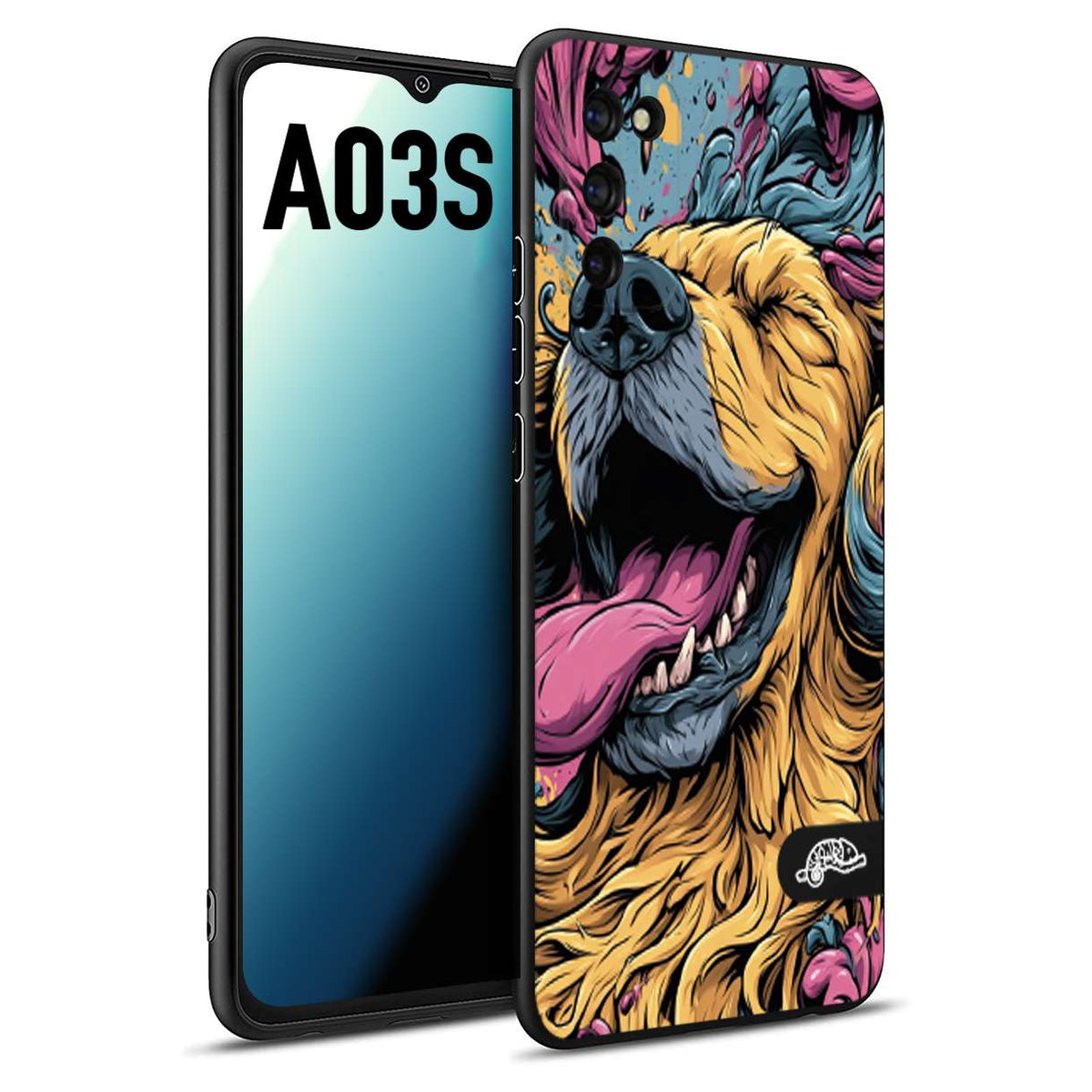 CUSTOMIZZA - Custodia cover nera morbida in tpu compatibile per Samsung A03S Golden Retriever illustrazione cane pop art cane street art cartone animato