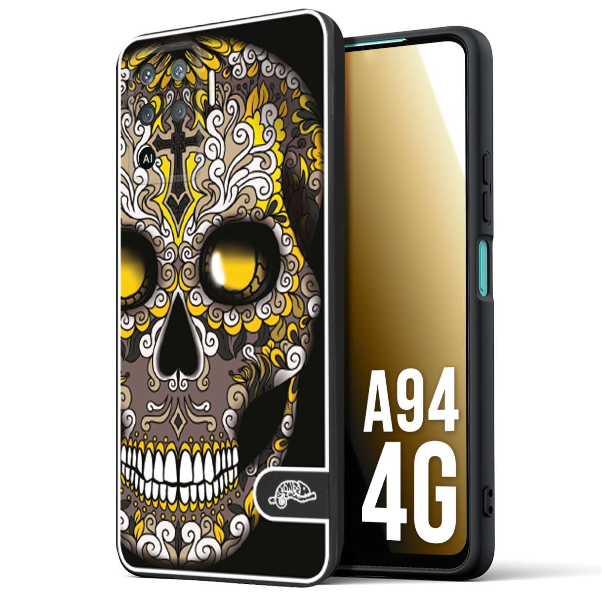CUSTOMIZZA - Custodia cover nera morbida in tpu compatibile per Oppo A94 4G teschio messicano Mexican skull nero giallo