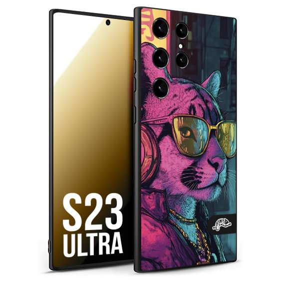 CUSTOMIZZA - Custodia cover nera morbida in tpu compatibile per Samsung S23 ULTRA animali cyberpunk pantera street cat fucsia blu giallo